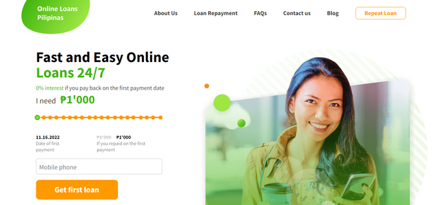 Online Loans Pilipinas: FIRST LOAN 0% up to 7000 PHP. REPEAT 1.25% up to 30000 PHP. TERM 7-30 days
