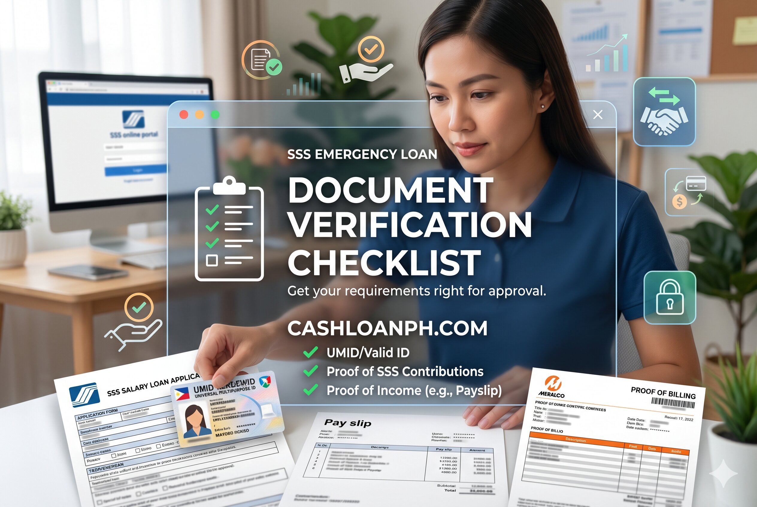 Borrower preparing UMID, passport, bank proof, and SSS emergency loan verification documents