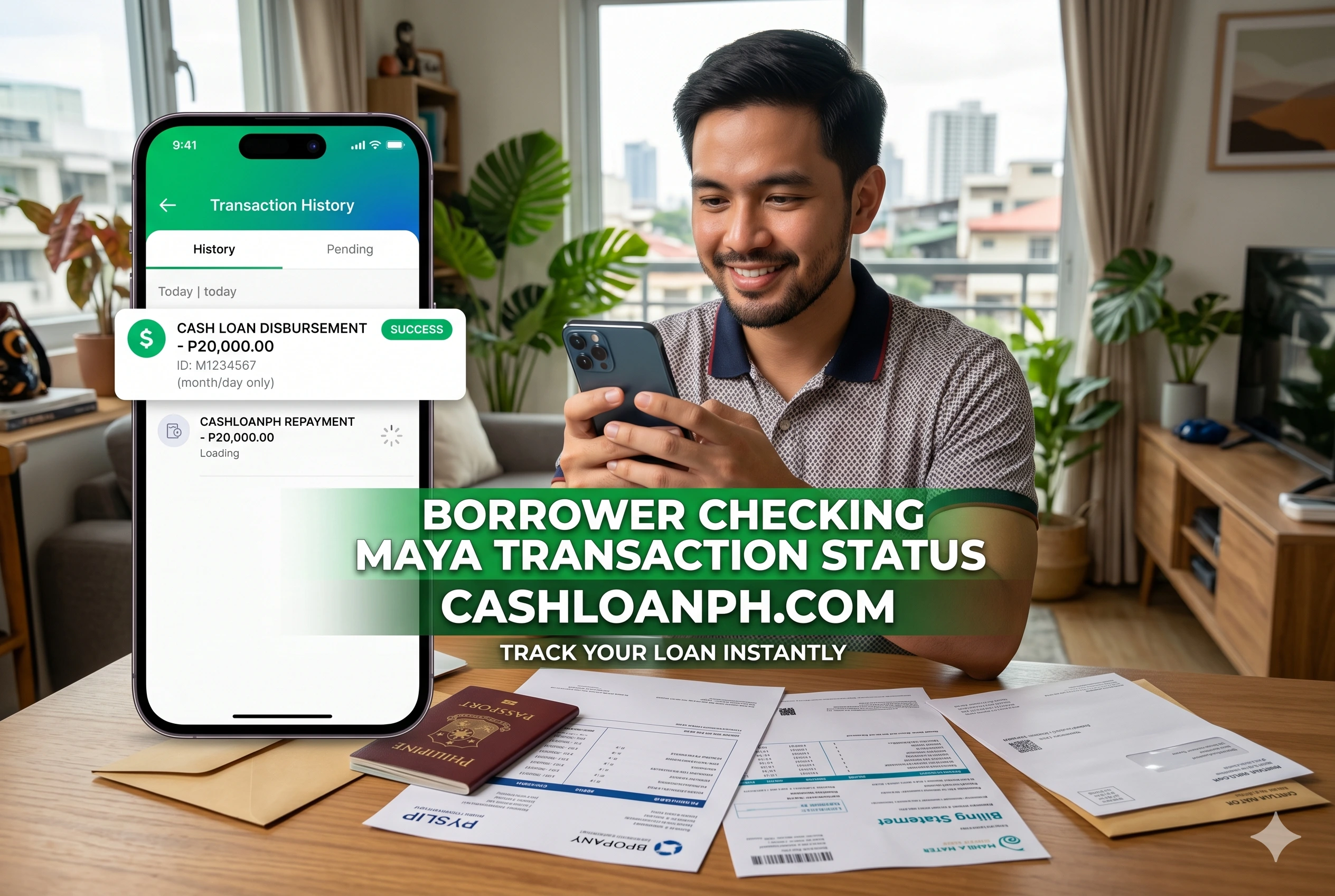 Borrower reviewing Maya wallet balance and loan disbursement status in mobile banking application