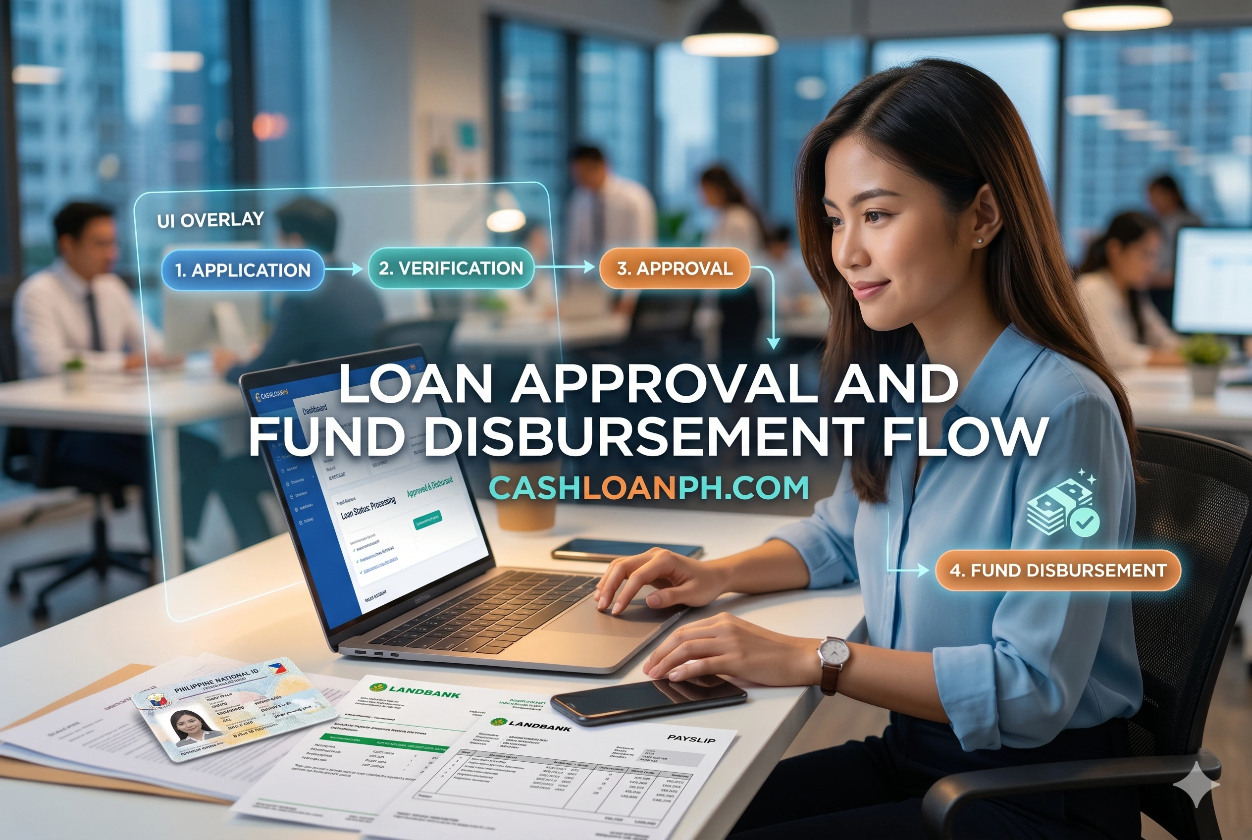 Loan approval decision followed by acceptance stage and digital fund disbursement process