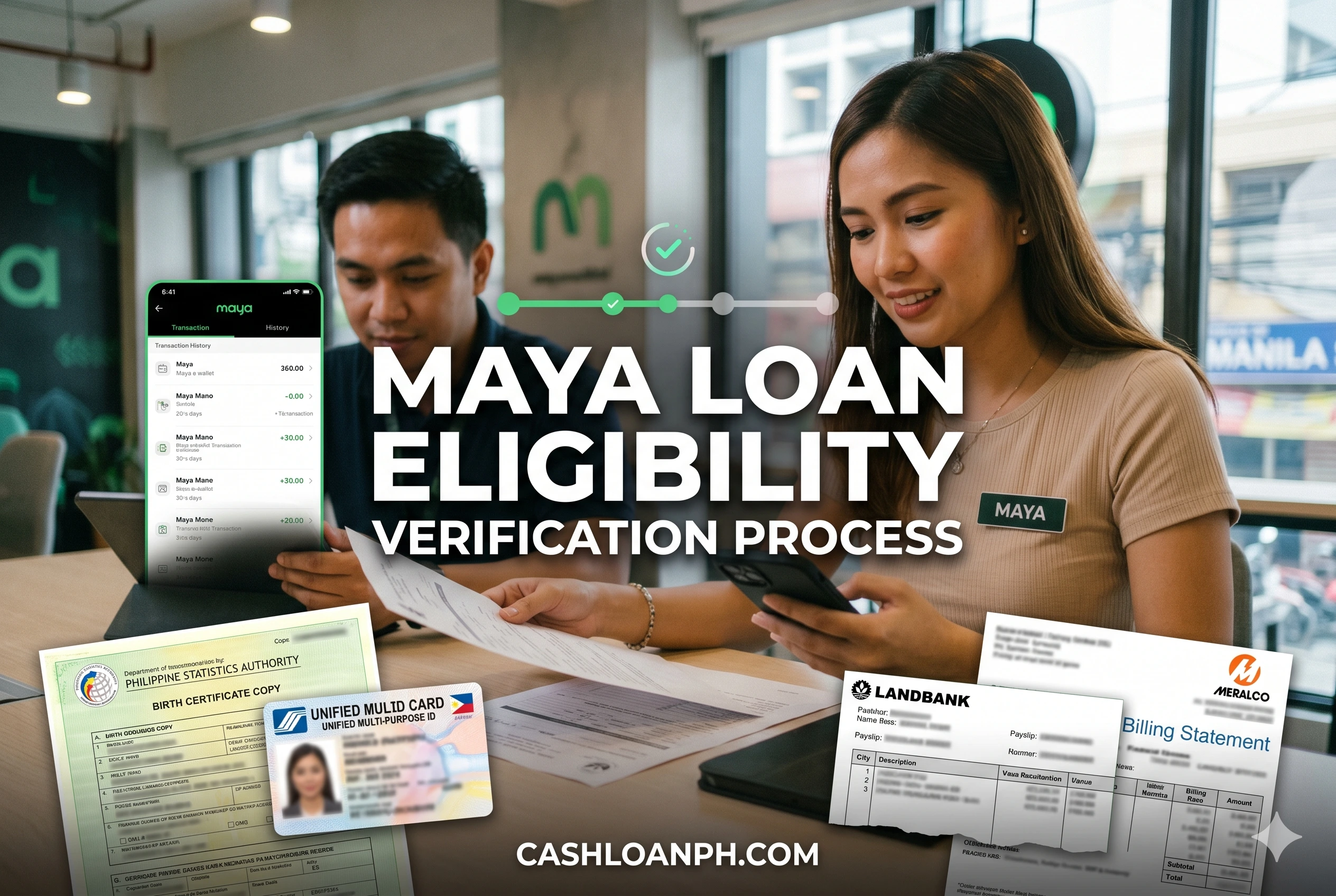 Maya Bank personal loan eligibility verification workflow through Maya App and identity validation