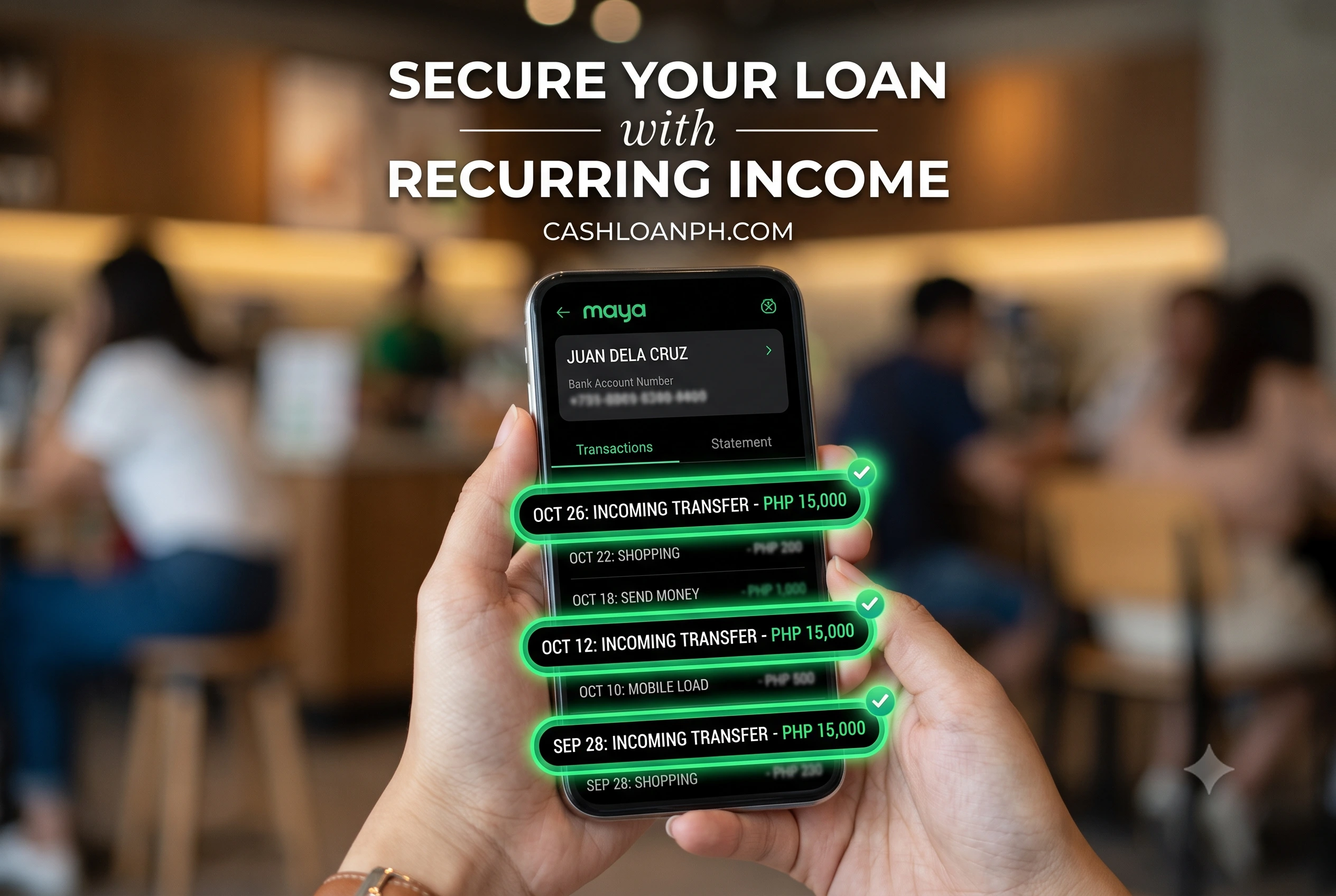 A digital bank statement from a mobile app with personal details blurred, highlighting consistent weekly incoming cash transfers used as proof of income.