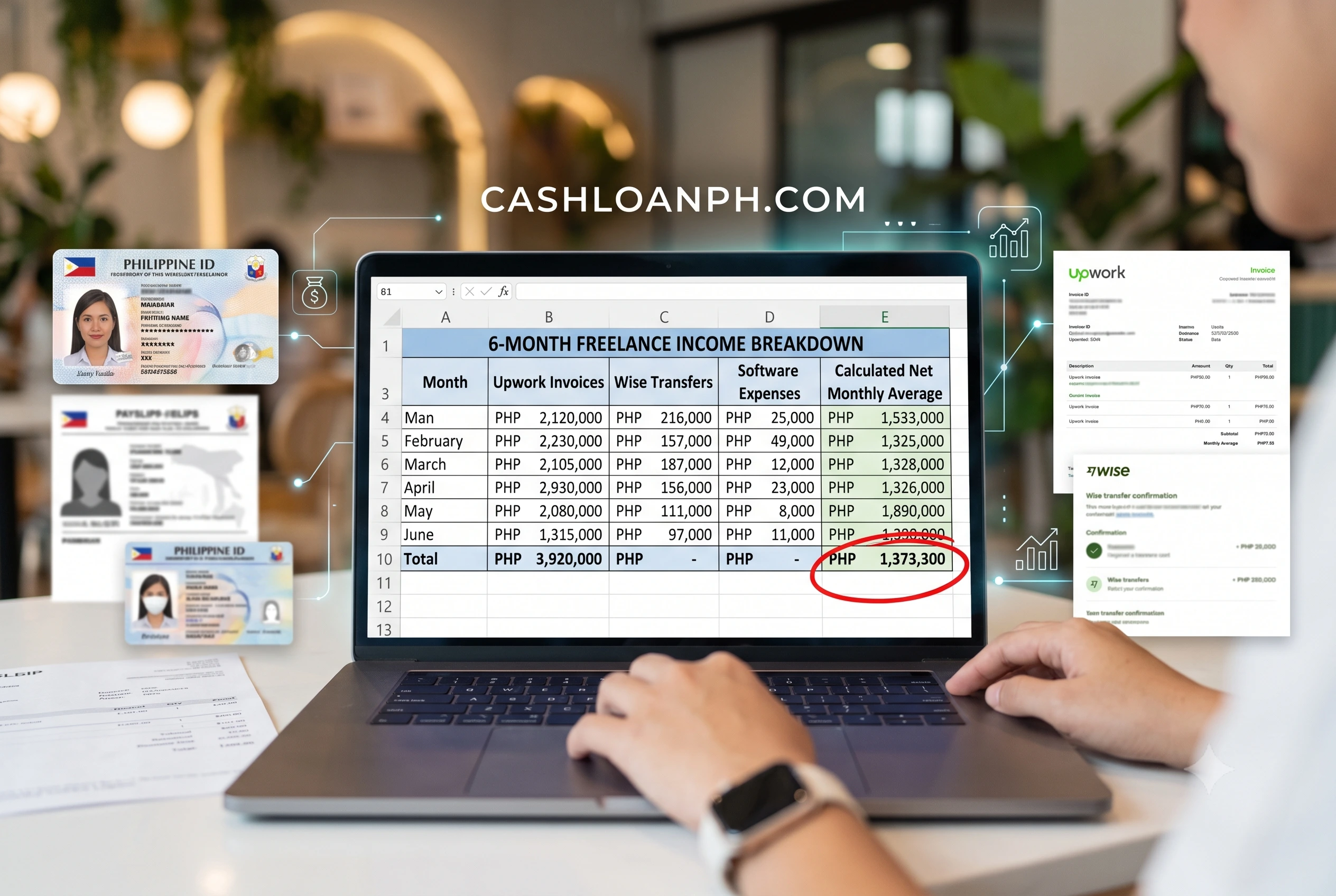 A realistic Excel spreadsheet demonstrating how a freelancer calculates their 6-month average net income to submit as proof of earnings for digital lenders.