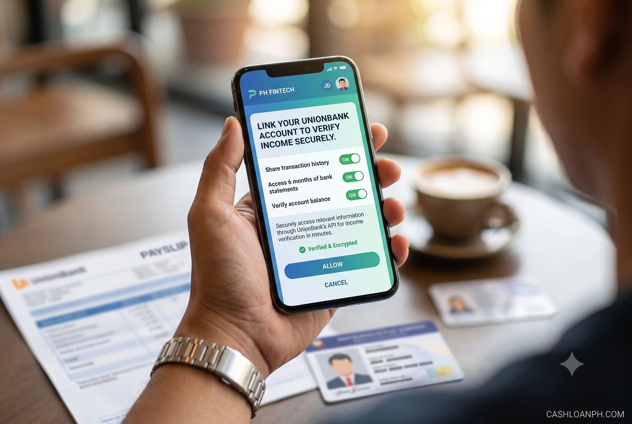 A realistic fintech app UI demonstrating how open banking APIs request permission to scan bank transaction history for income verification in the Philippines.