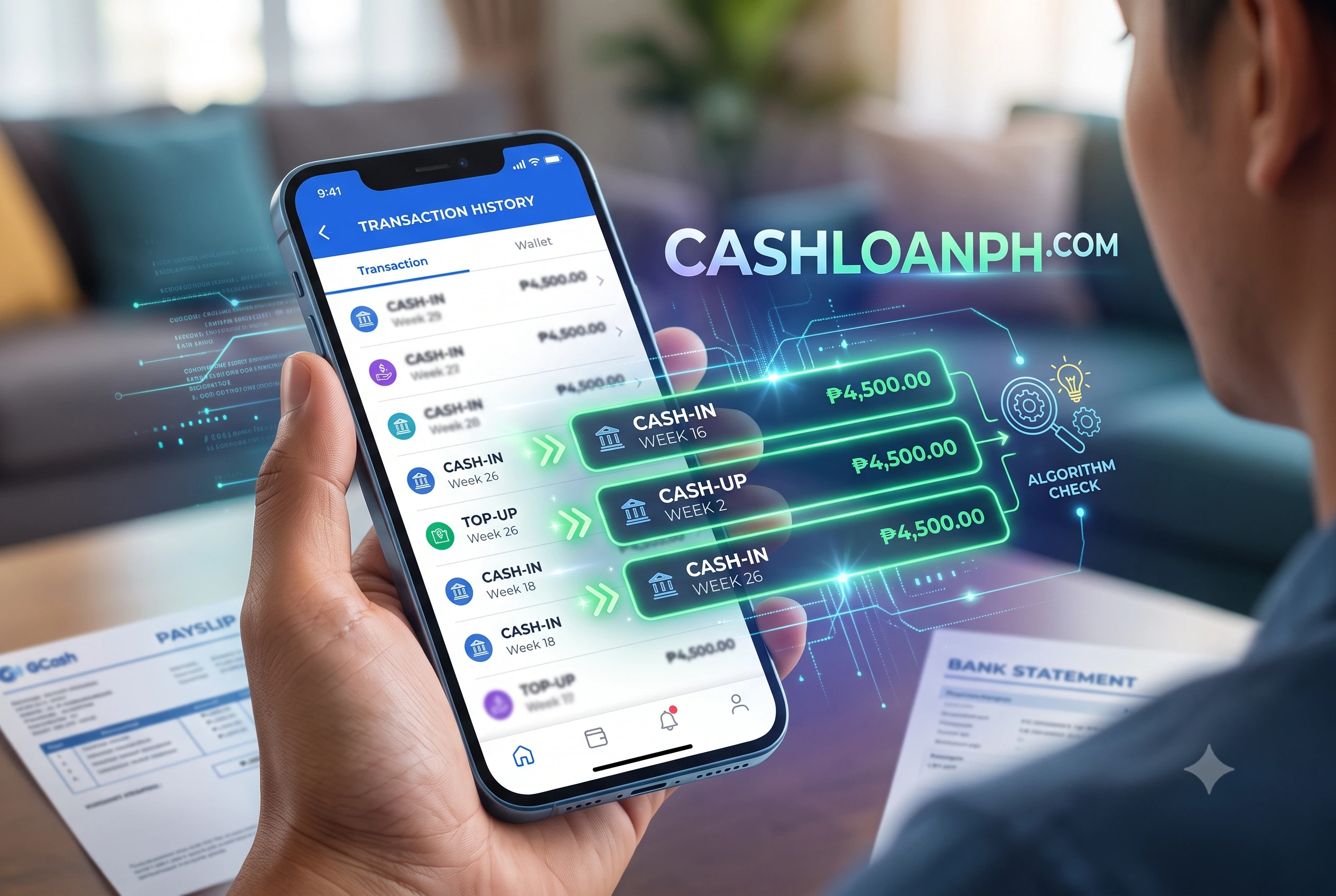 A realistic smartphone UI screenshot displaying a user's digital wallet transaction history, highlighting consistent weekly income deposits used for cash flow underwriting.