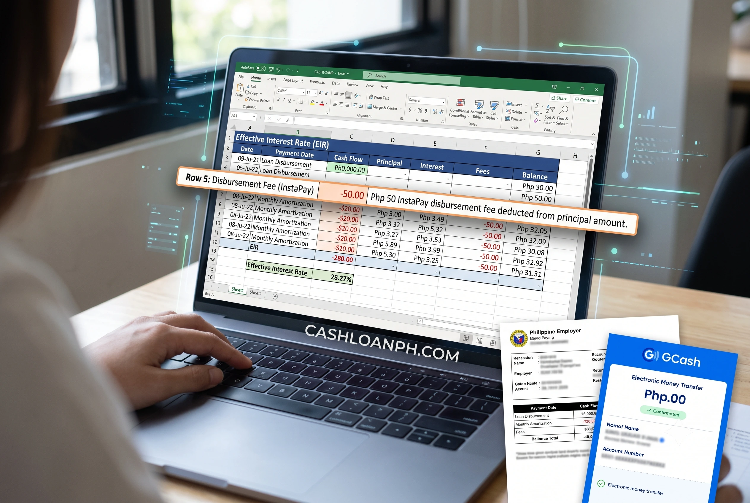 A realistic Excel spreadsheet calculating the Effective Interest Rate (EIR) of a digital loan, clearly highlighting the row where a Php 50 InstaPay disbursement fee is deducted from the principal amount.