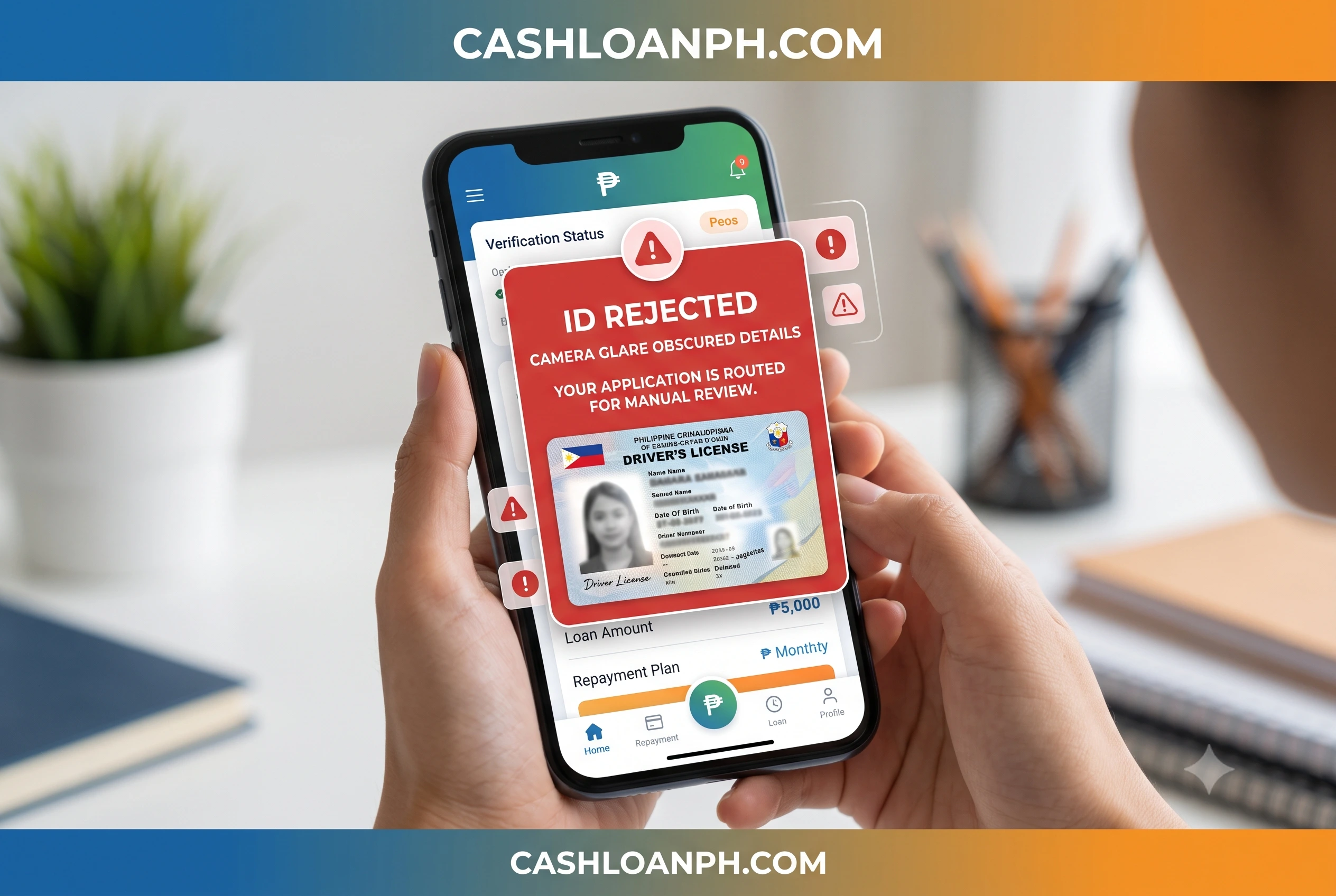 A close-up screenshot of a digital lending app rejecting an ID submission due to camera glare obscuring the text, with an error message routing the application to manual review.