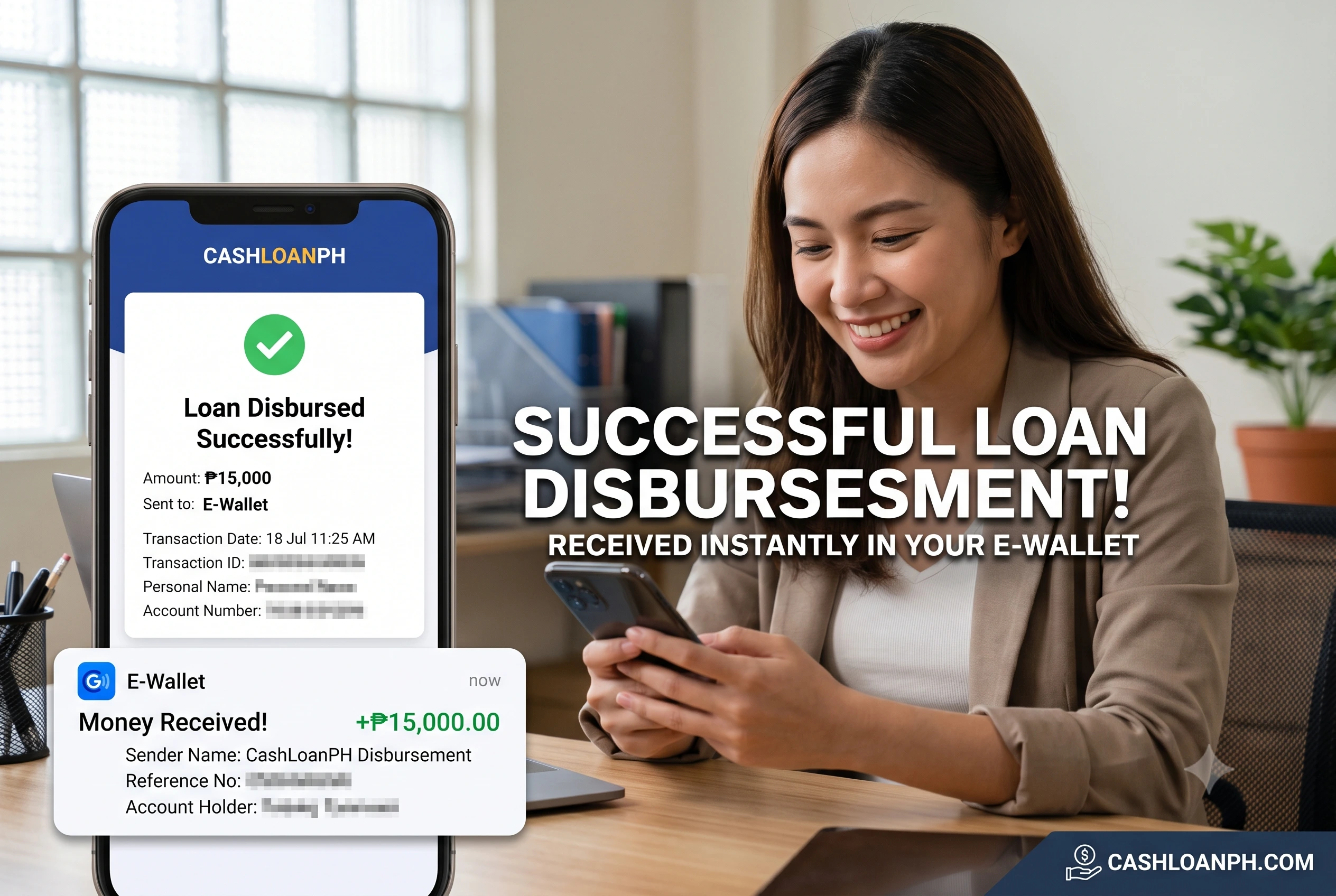 A screenshot of a smartphone screen showing a successful loan disbursement notification from a digital lending app, alongside a matching inward remittance alert on an e-wallet interface. Personal names and account numbers are visibly blurred out. First-person smartphone screenshot showing a real-time instant e-wallet disbursement notification from a Philippine digital lender alongside the received funds.