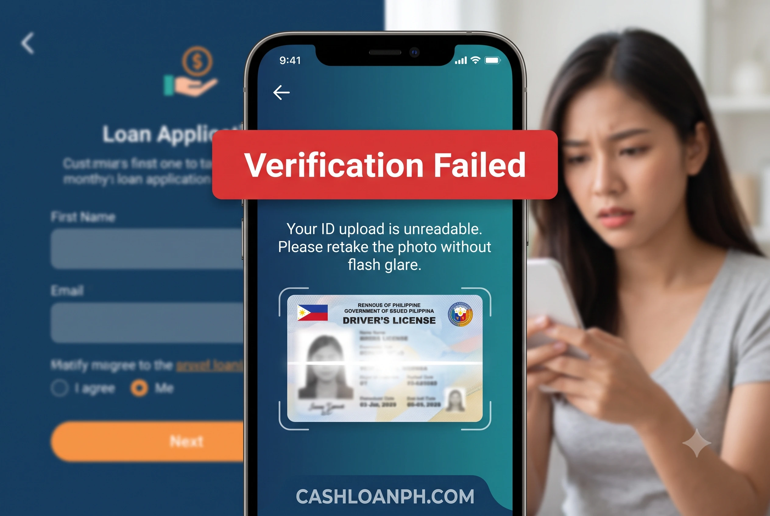 A close-up screenshot of a loan application error screen displaying a red 'Verification Failed' banner due to an unreadable ID upload, with a prompt asking the user to retake the photo without flash glare. Loan app UI showing an e-KYC error message caused by glare on an uploaded government ID.