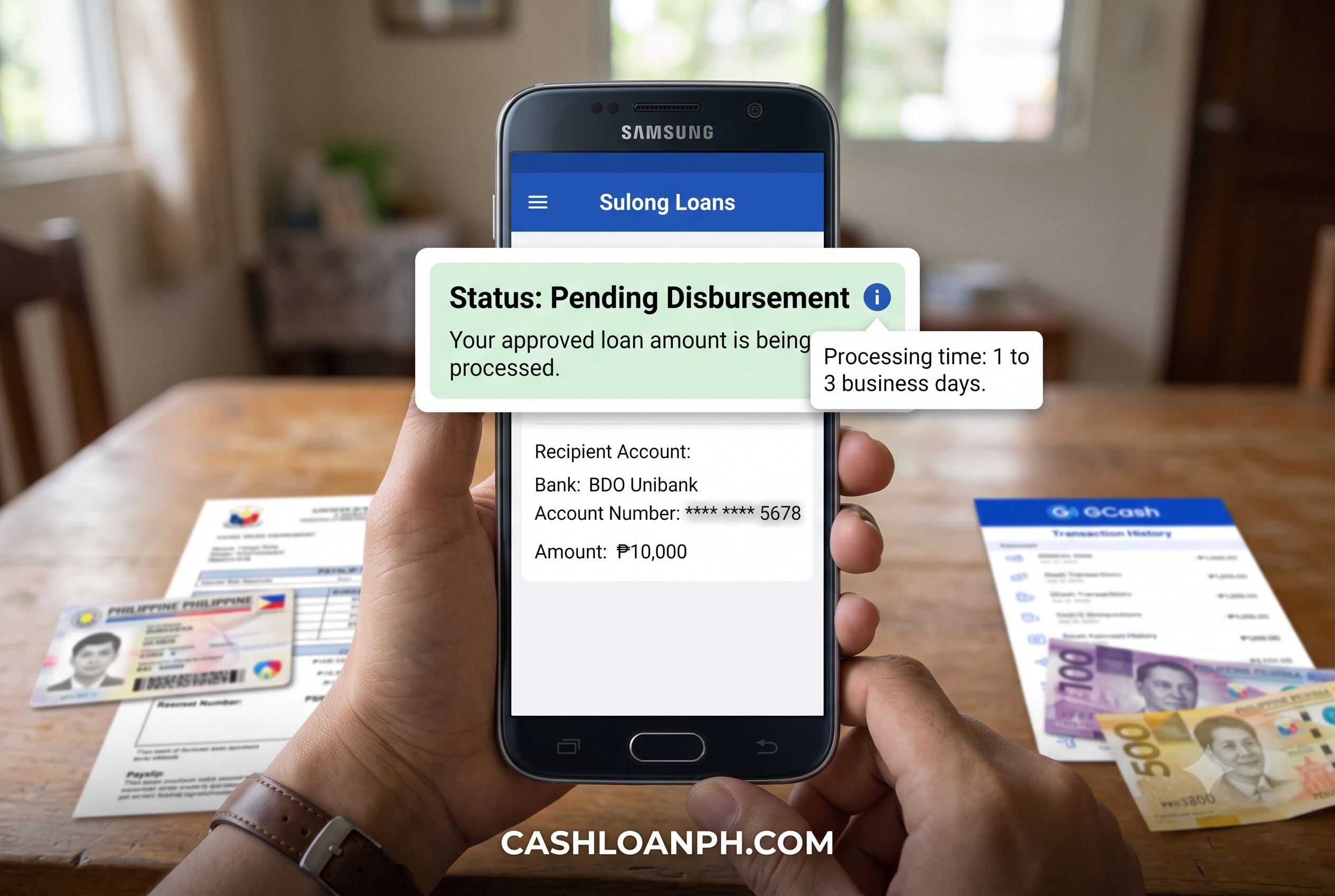 First-person screenshot of a loan application app UI showing a 'Status: Pending Disbursement' notification with a small tooltip explaining 1 to 3 business day processing times, with personal account numbers blurred.