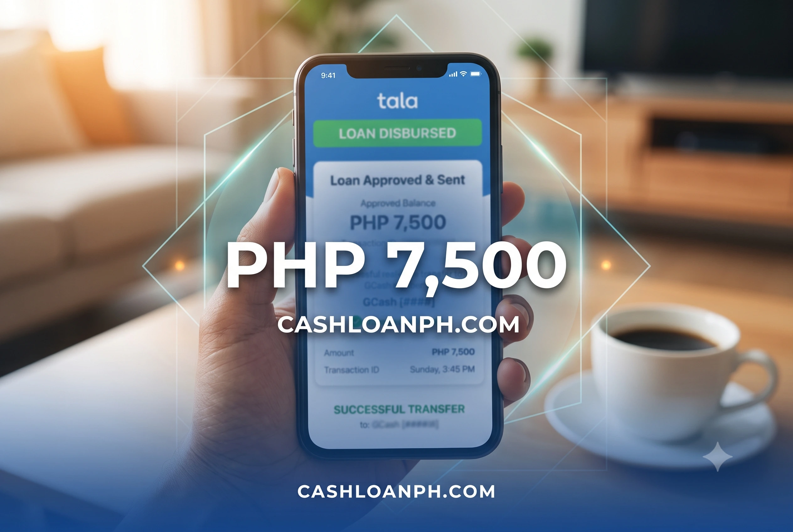 A blurred first-person smartphone screenshot of the Tala app dashboard showing an approved loan balance and a successful real-time transfer confirmation to a GCash account timestamped on a Sunday afternoon.