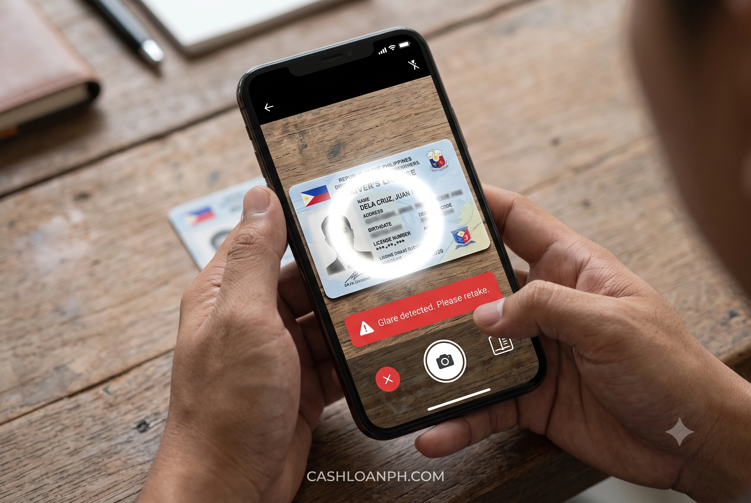Smartphone screen showing a digital loan app camera interface rejecting a Driver's License photo due to harsh lighting glare obscuring the text.