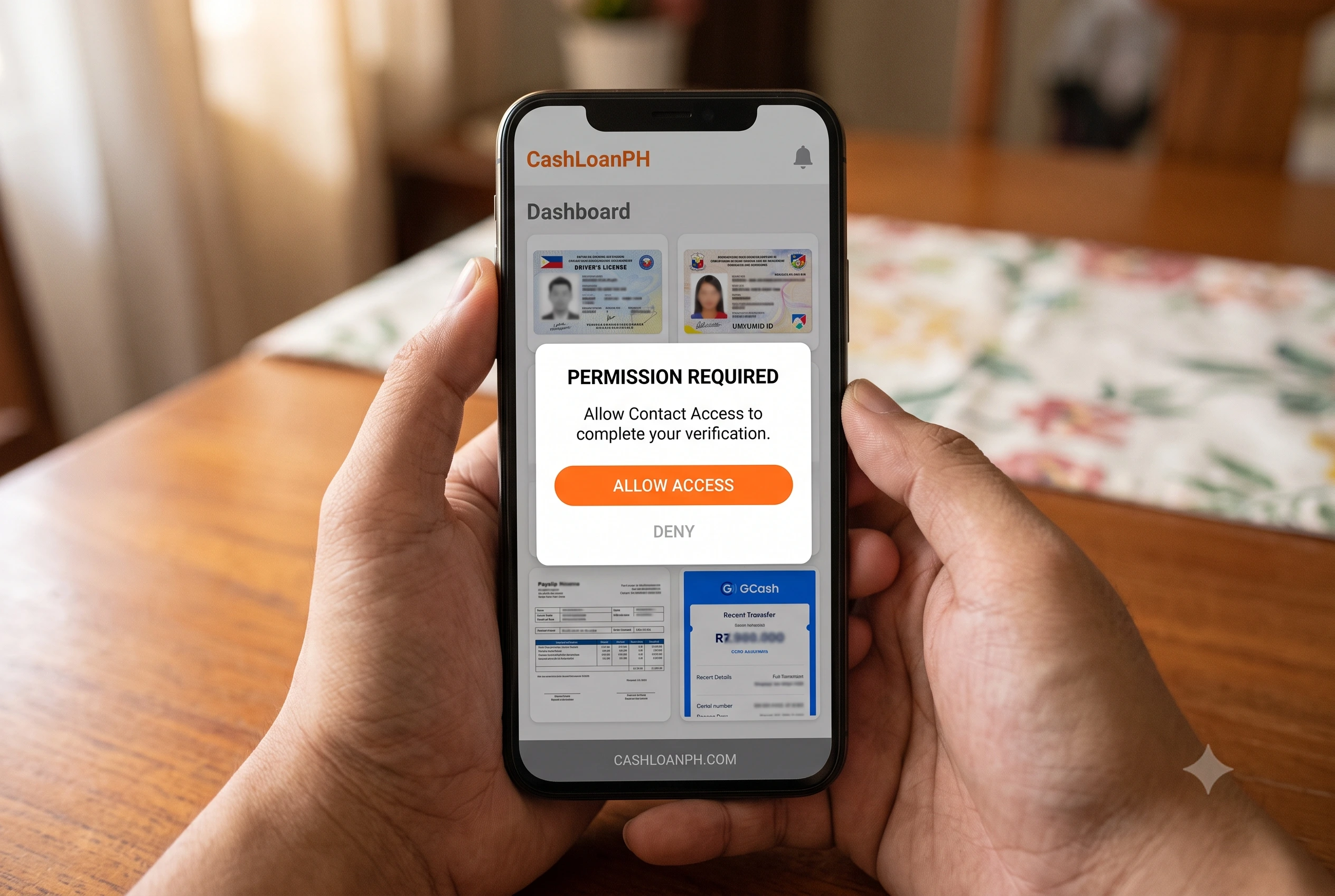A first-person smartphone screenshot of a predatory loan app interface, showing a forced pop-up requiring contact list access before the user can proceed to the loan dashboard.