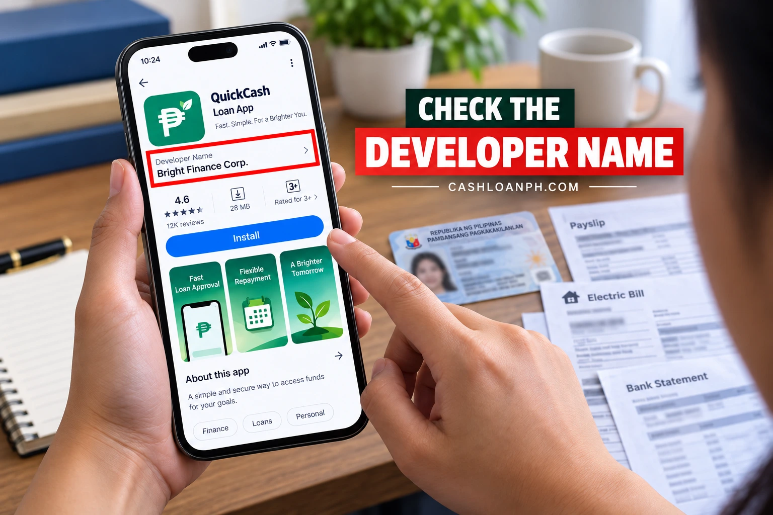First-person smartphone screenshot of a loan app store listing, with a red box highlighting the exact "Developer Name" section below the app icon, demonstrating where to find the corporate identity. A smartphone screenshot showing a mobile app store interface for a digital lending app, highlighting the developer name section required for SEC verification.