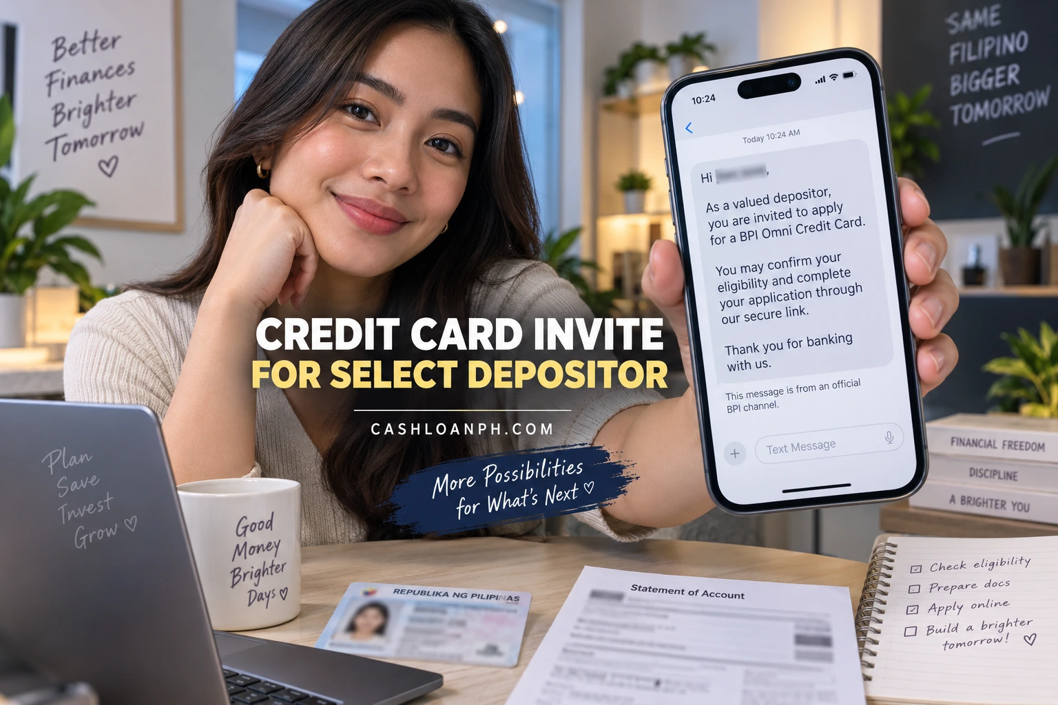 Real smartphone screenshot of a BPI Omni Credit Card invitation from an official BPI channel with customer name and sensitive identifiers blurred, showing select-depositor eligibility and application instructions