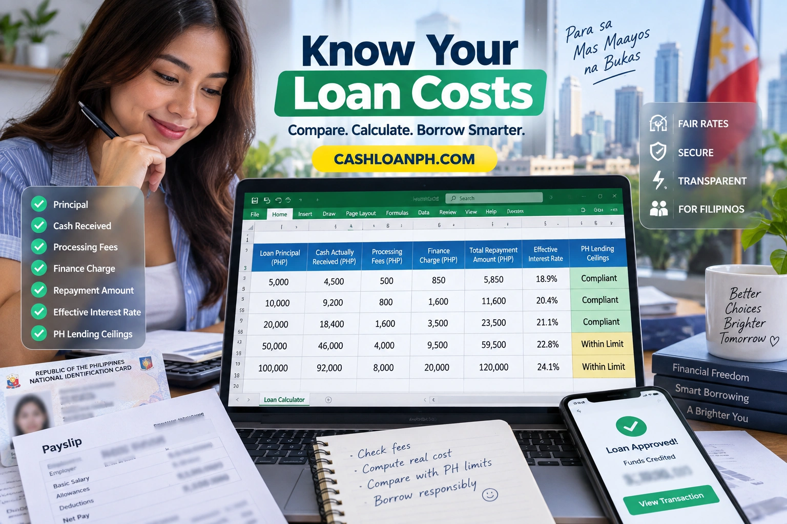 Real Excel spreadsheet showing loan principal, cash actually received, processing fees, finance charge, repayment amount and effective interest rate compared with Philippine 2026 lending ceilings