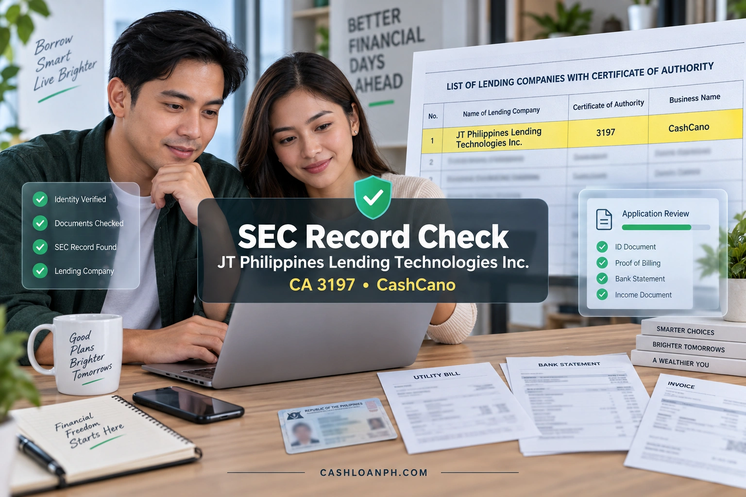 Real SEC Philippines lending-company record highlighting JT Philippines Lending Technologies Inc., Certificate of Authority 3197 and CashCano business name