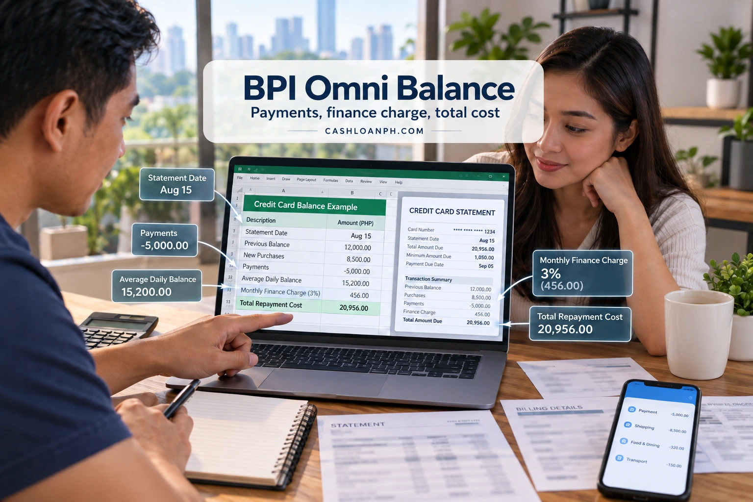 Real Excel spreadsheet showing a Philippine BPI Omni Credit Card balance with statement date, payments, average daily balance, 3 percent nominal monthly finance charge and total repayment cost, with personal data removed