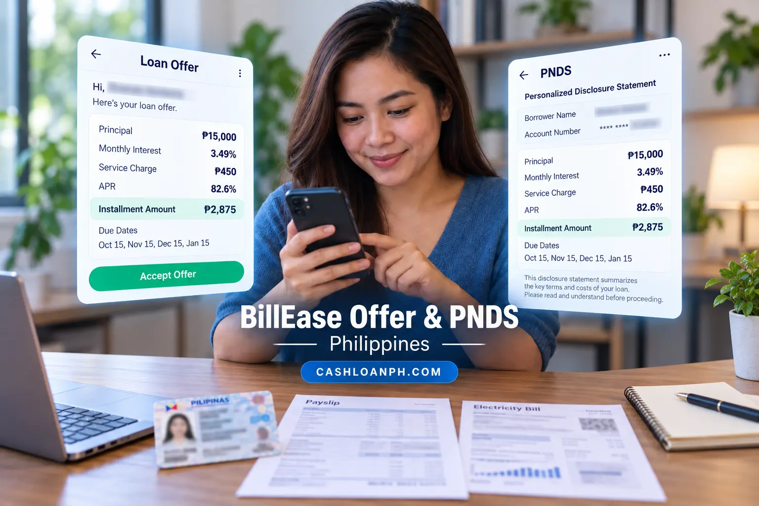 Real first-person BillEase Philippines loan offer and PNDS screens with borrower name and account details blurred, showing principal, monthly interest, service charge, APR, installment amount and due dates