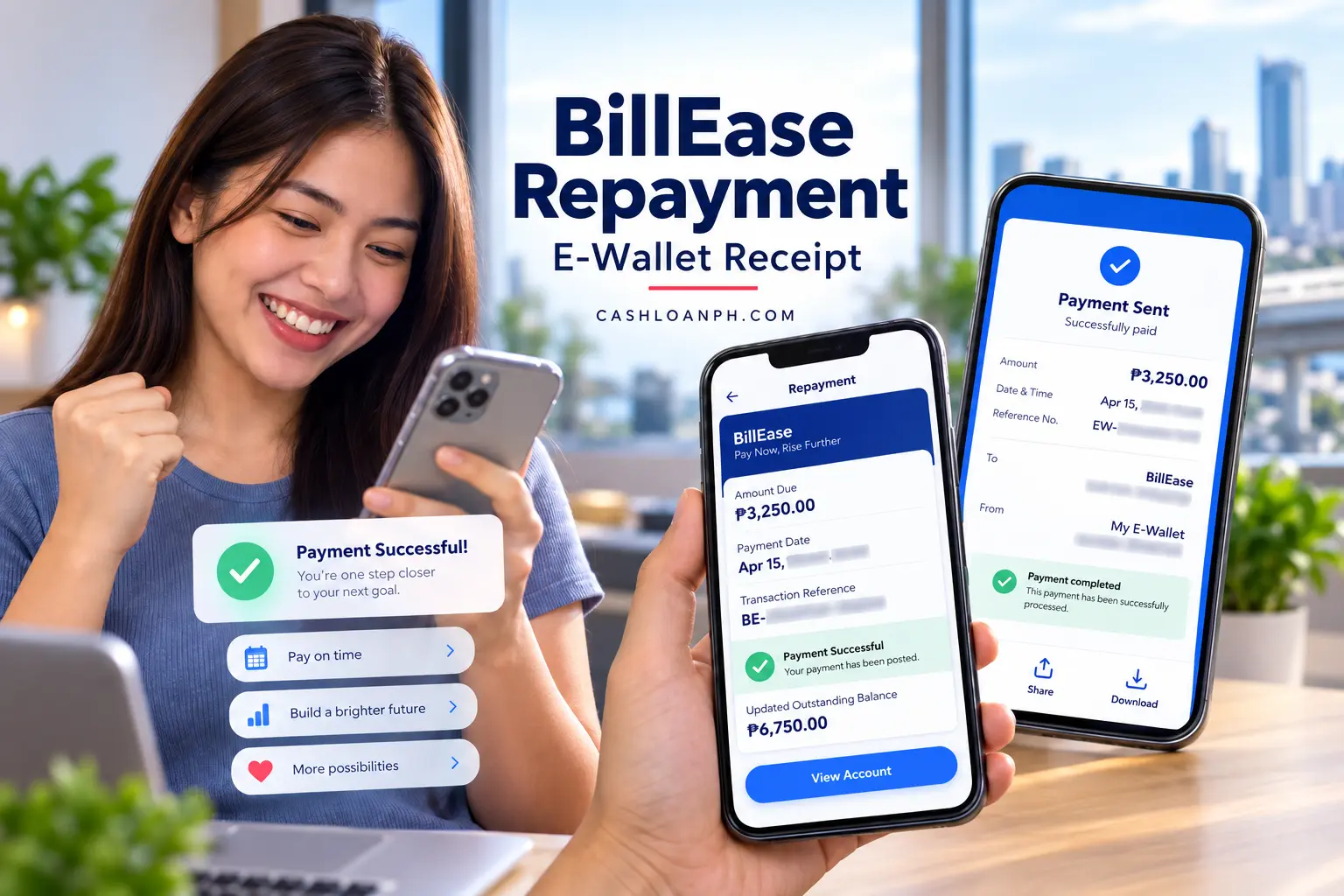 Real BillEase Philippines repayment screen and e-wallet payment receipt with names, mobile numbers and reference details masked, showing amount due, payment date, transaction reference and updated outstanding balance