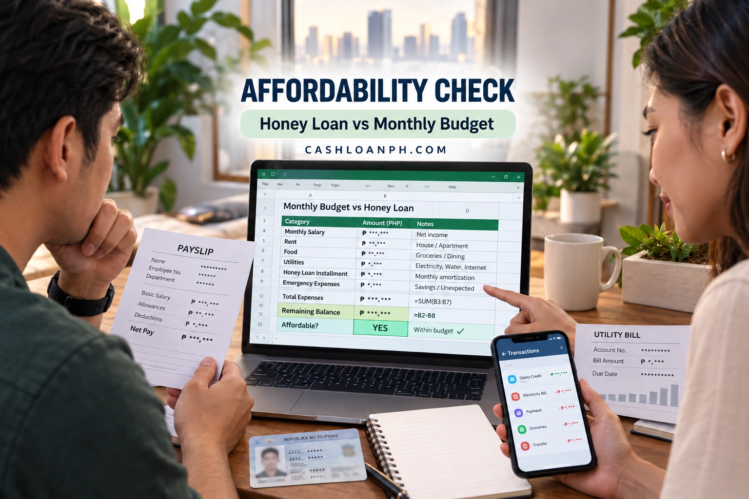 Real Excel borrower affordability worksheet comparing Honey Loan installment, salary, rent, food, utilities and emergency expenses with sensitive financial figures partly masked