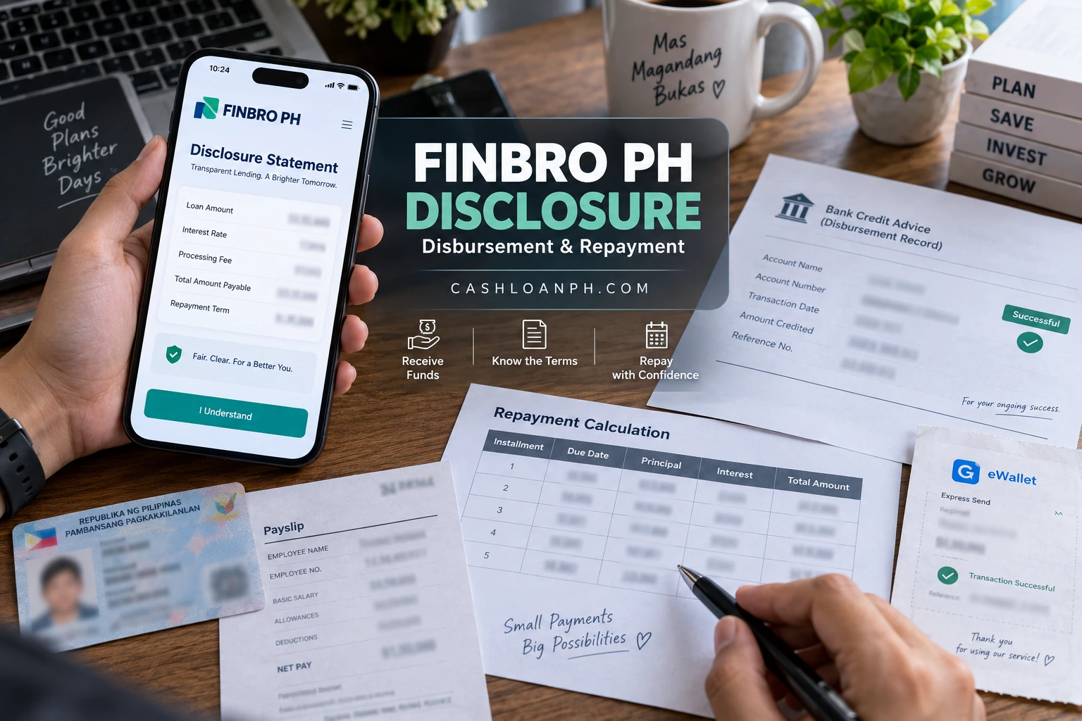 Real smartphone and printed-document setup showing a FINBRO PH Disclosure Statement, bank disbursement record and repayment calculation with names, IDs, account numbers and QR codes blurred for privacy