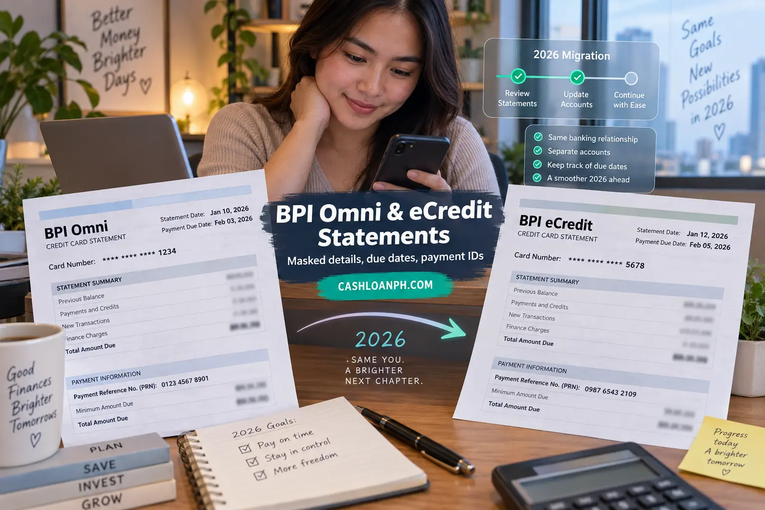 Real redacted BPI Omni and BPI eCredit credit card statements showing separate masked card numbers, payment due dates and payment identifiers during the 2026 migration
