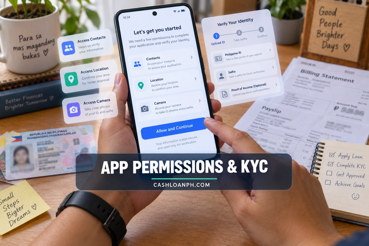 First-person Android screenshot of CashCano loan-app permission and KYC requests showing contacts, location and camera access with personal information blurred