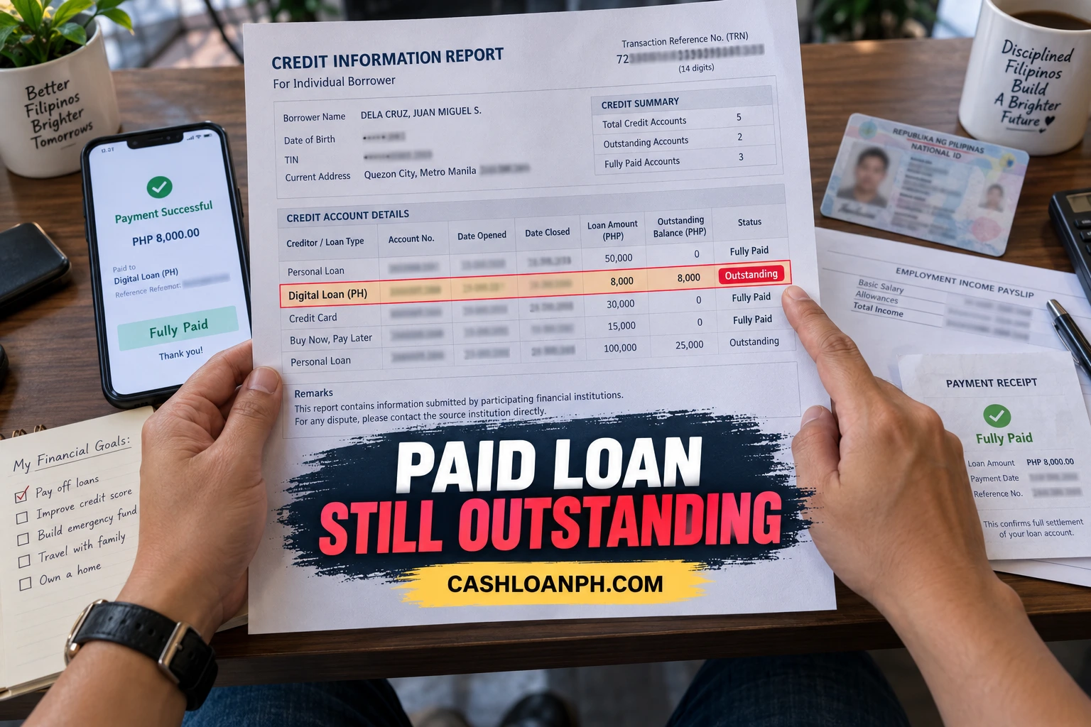 Realistic first-person CIC credit report page with borrower details and 14-digit TRN blurred, highlighting a fully paid Philippine loan incorrectly shown as outstanding