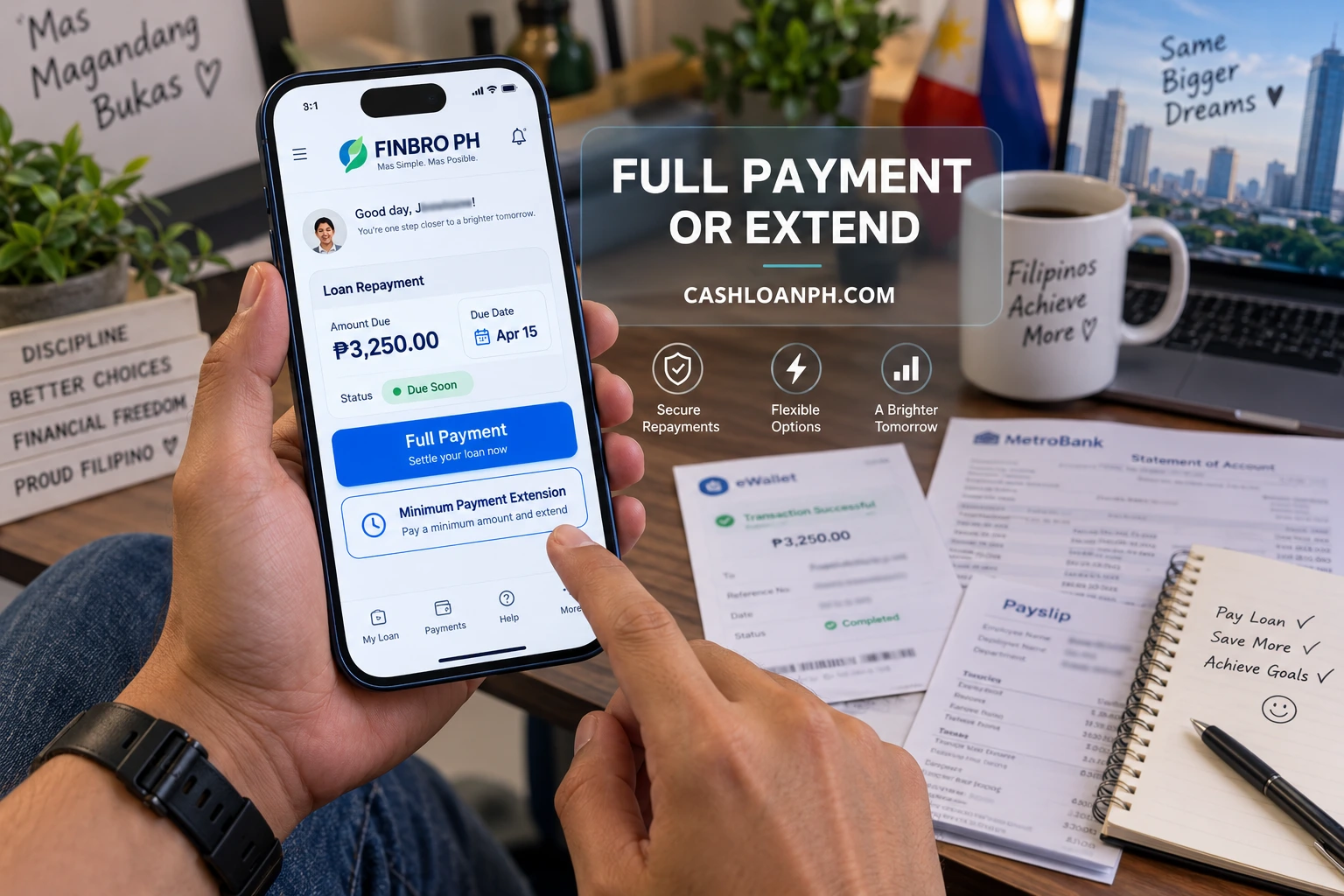 First-person smartphone screenshot of a FINBRO PH repayment dashboard showing full payment and minimum payment extension options, with borrower name, account number and sensitive details blurred