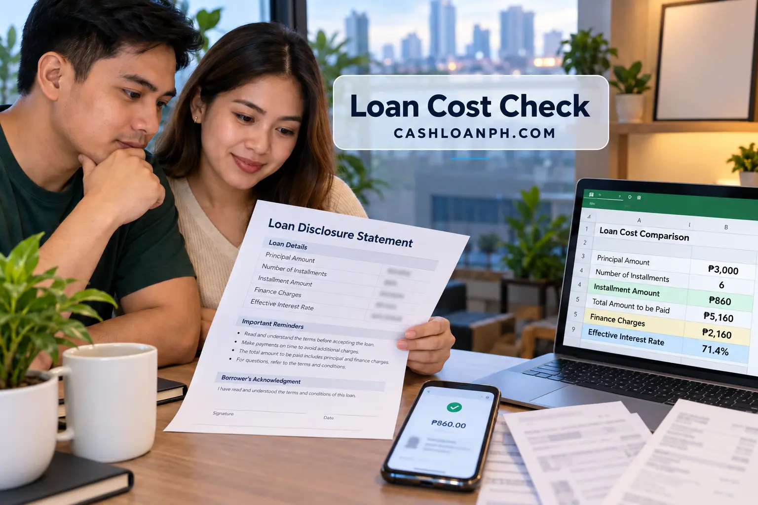 Real Philippine Honey Loan disclosure statement with borrower details blurred beside an Excel spreadsheet comparing ₱3,000 principal, six ₱860 installments, finance charges and effective interest rate