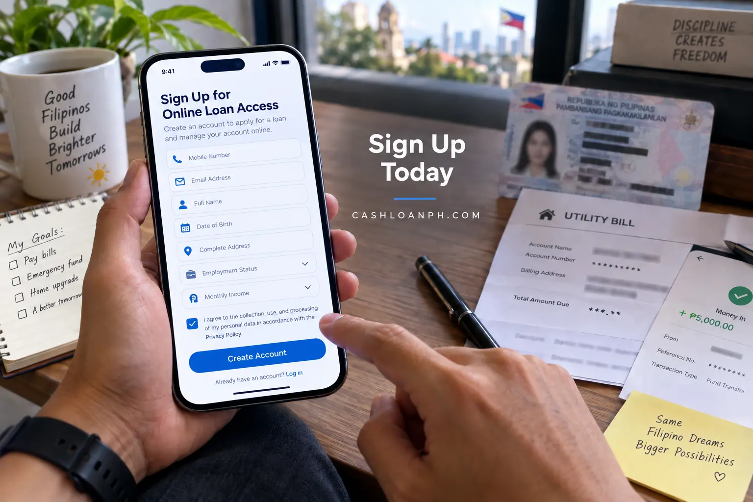 Real first-person smartphone screenshot of LoanOnline.ph registration page requesting mobile number and email, with personal information fields left blank and privacy consent visible