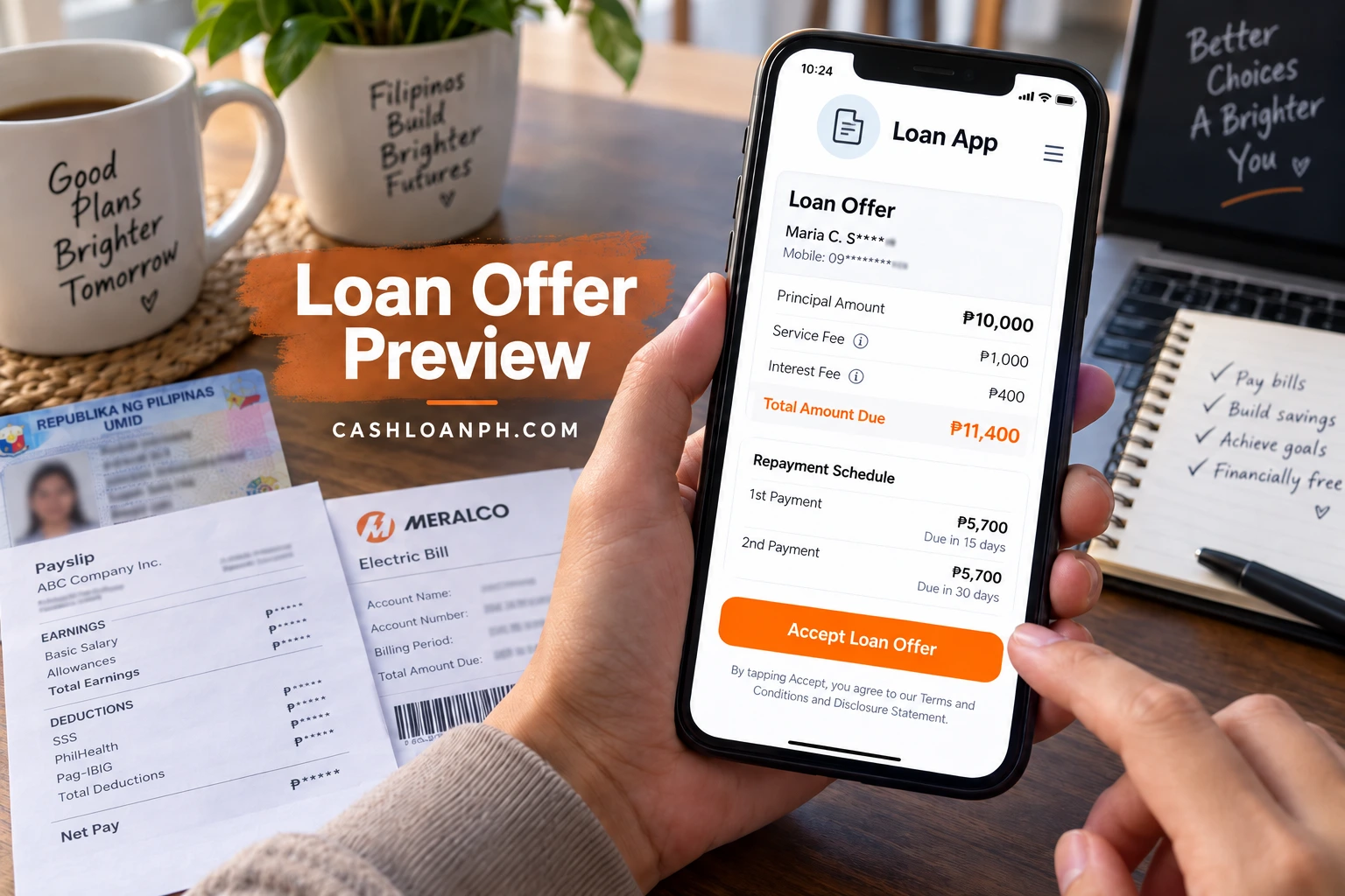 Realistic first-person MoneyCat Philippines loan offer screenshot with borrower details blurred, showing principal amount, repayment schedule, fees and total amount due before acceptance