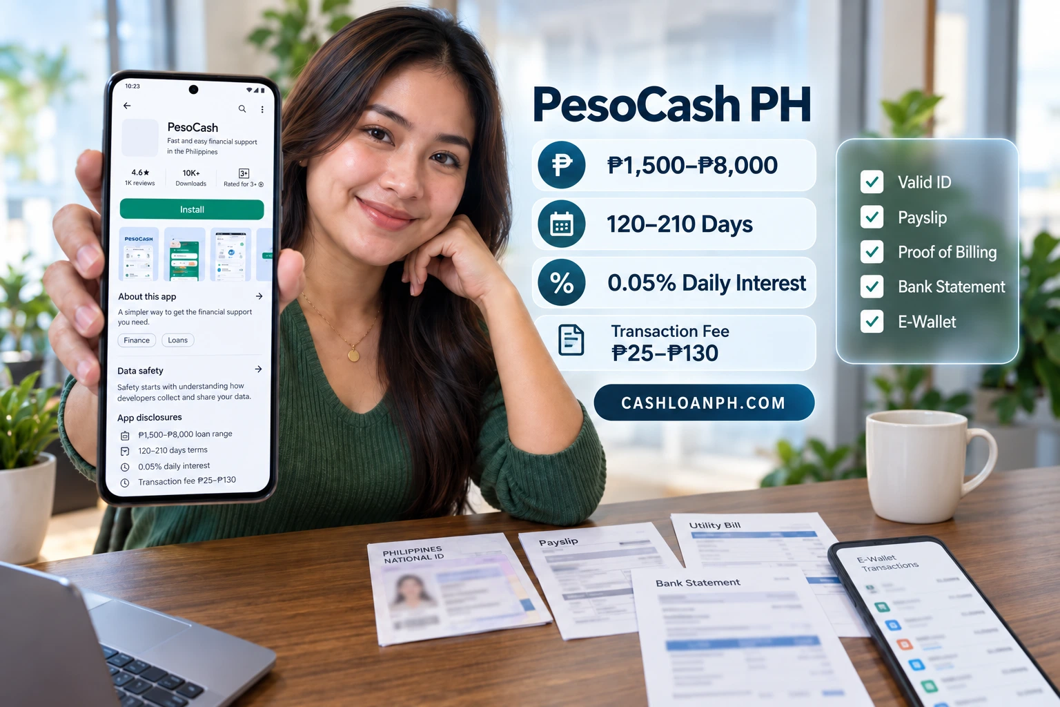 Real PesoCash Philippines Google Play screen showing the ₱1,500 to ₱8,000 loan range, 120 to 210 day terms, 0.05 percent daily interest and transaction fee disclosure