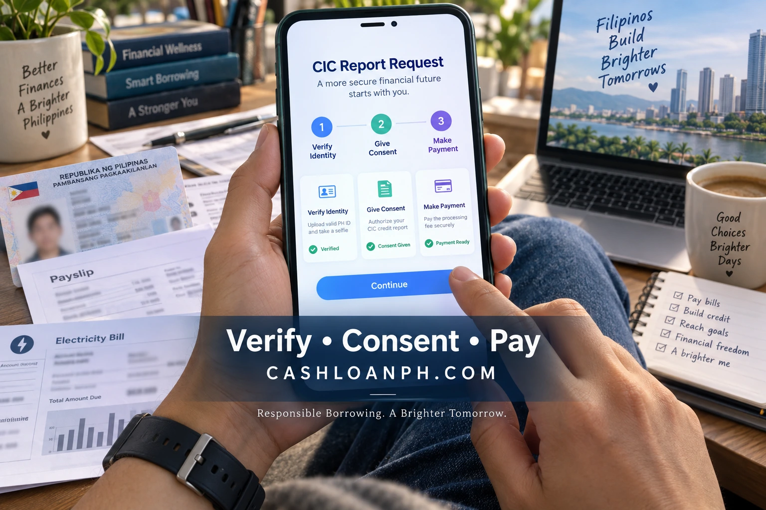 First-person smartphone screenshots of an authorized Philippine CIC credit report request flow showing identity verification, consent and payment screens with the borrower's personal information blurred for privacy