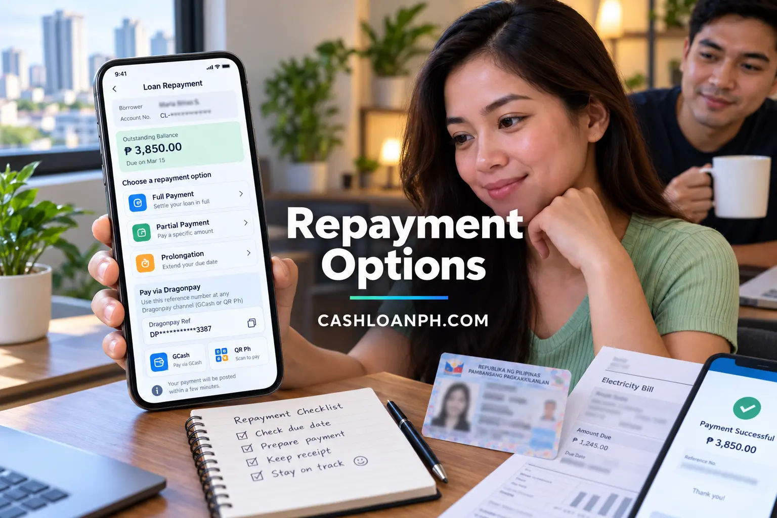 Real MoneyCat Philippines repayment dashboard screenshot with borrower name and account details blurred, showing full payment, partial payment or prolongation options and the Dragonpay reference used for GCash or QR PH payment