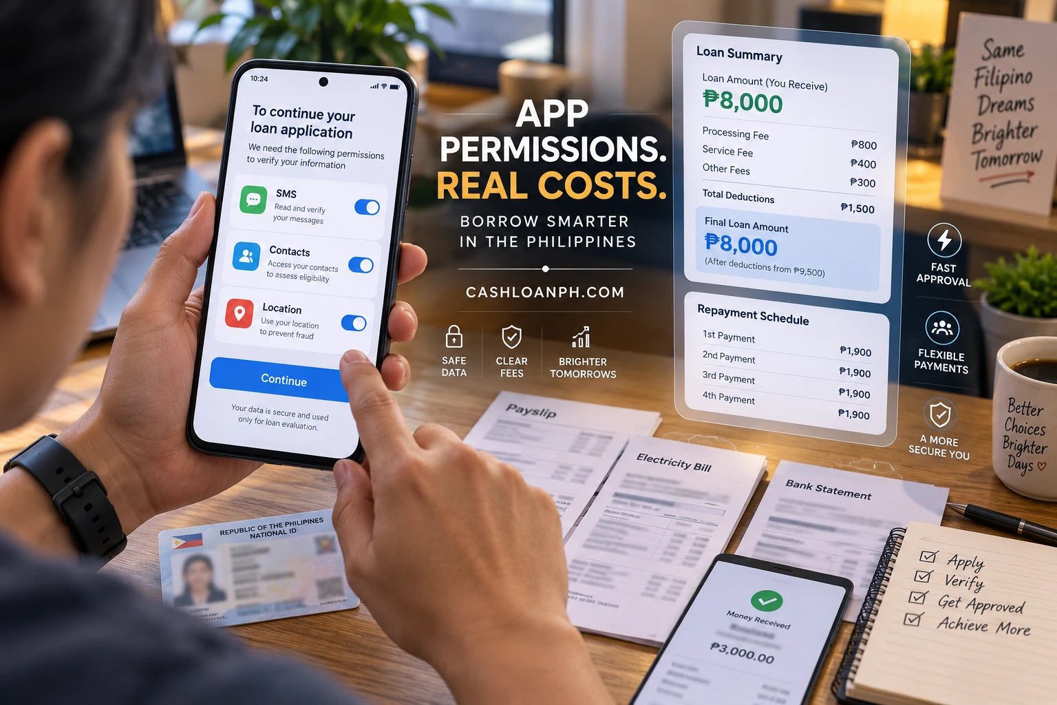 First-person PesoCash smartphone screenshots with personal details blurred showing requested SMS, location or contact permissions beside the final loan amount, fees and repayment schedule